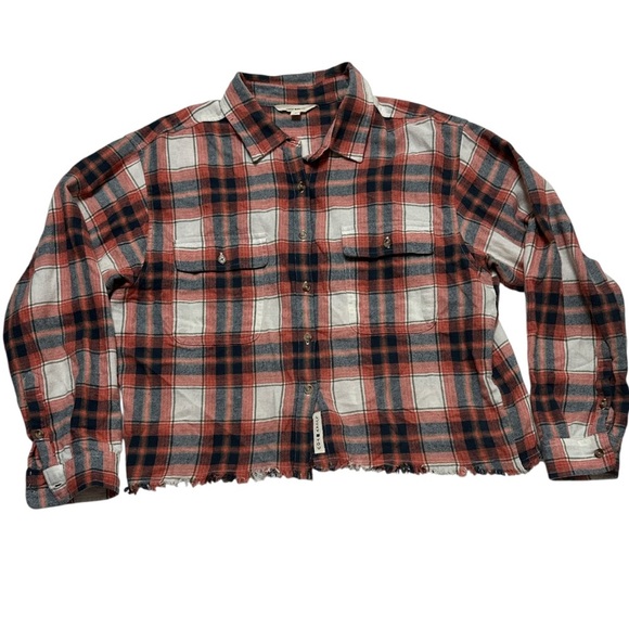 Lucky Brand Flannel Shirt Cropped Fringe 
Long Sleeve Button Up Country Western - Picture 1 of 10